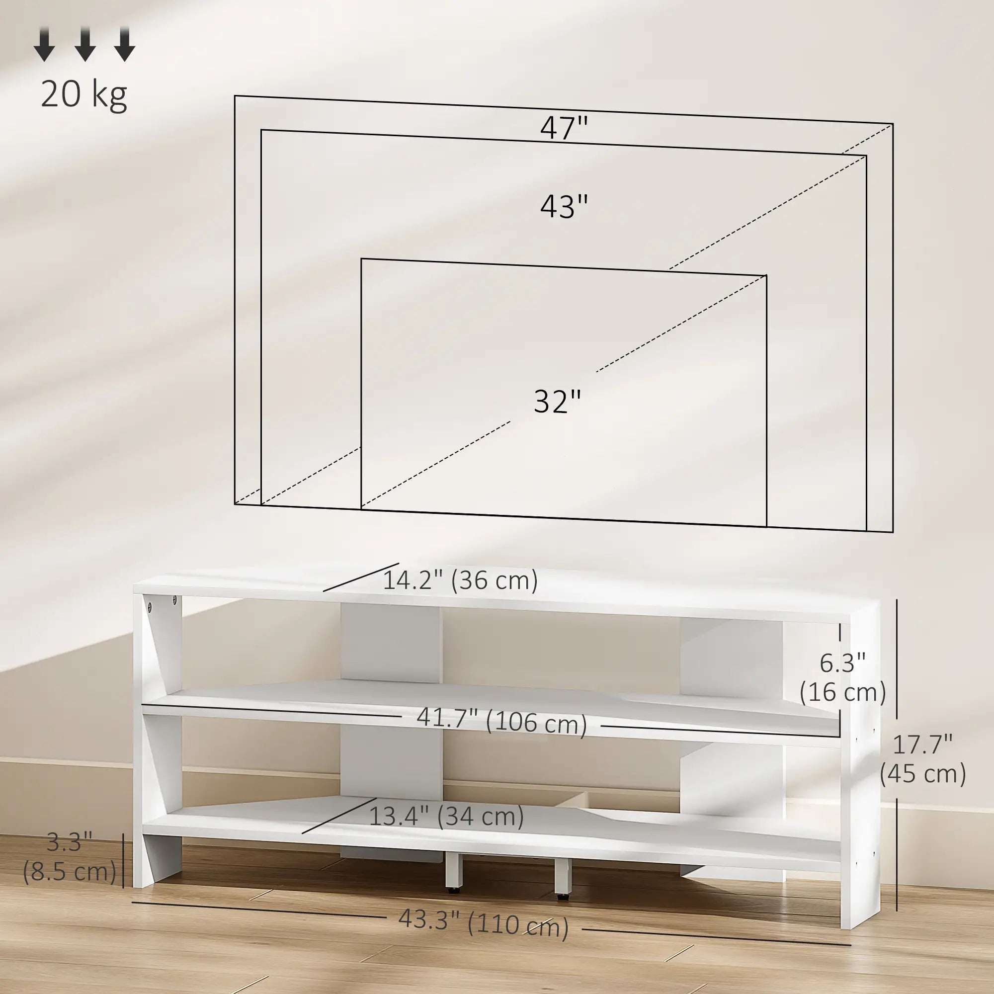 Corner TV Stand, Modern Table with 2 Shelves for 47 Inch TV, White TV Stands at Gallery Canada