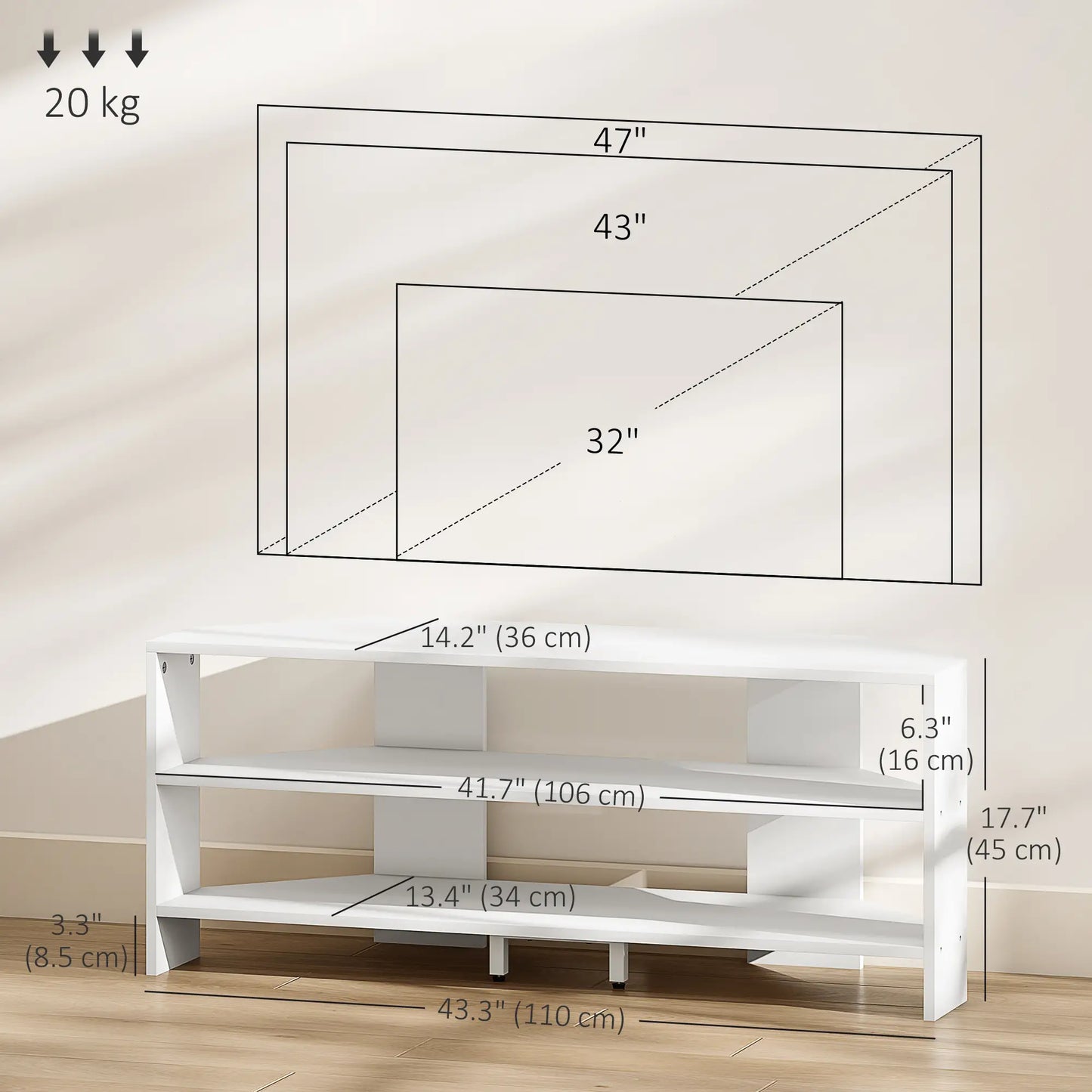 Corner TV Stand, Modern Table with 2 Shelves for 47 Inch TV, White TV Stands at Gallery Canada