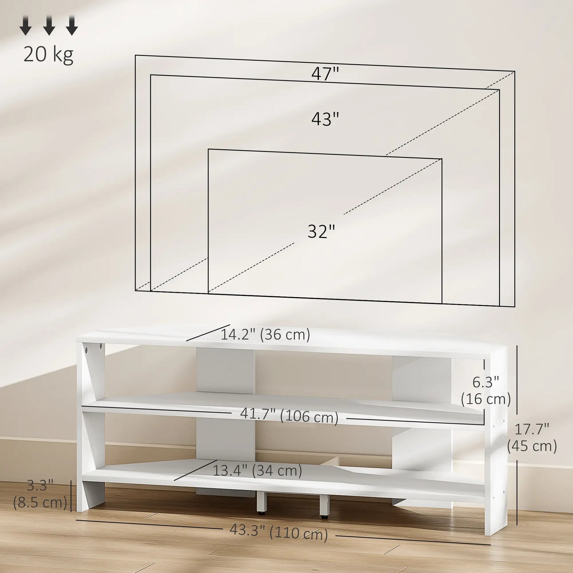 Corner TV Stand, Modern Table with 2 Shelves for 47 Inch TV, White TV Stands at Gallery Canada