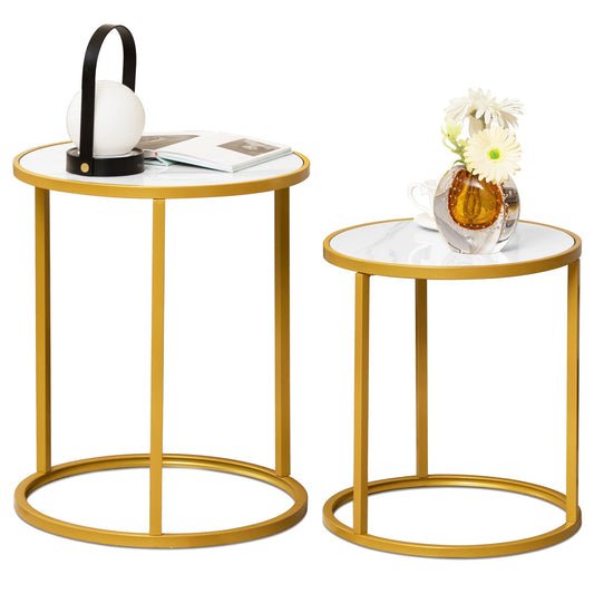 Marble Top Round Side Table with Anti-slip Foot Pads, Golden