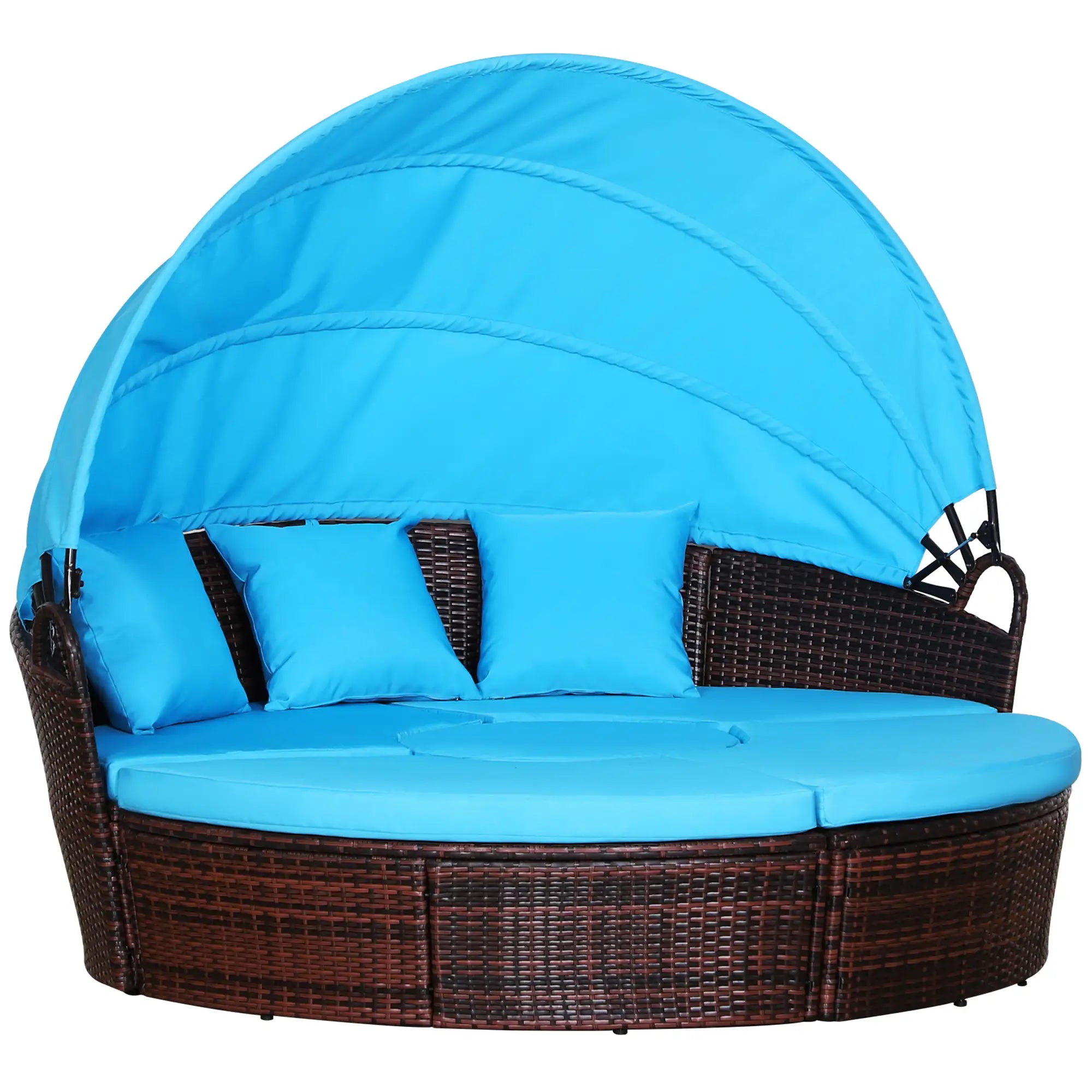 Outdoor Daybed with Canopy, PE Rattan Round Sofa, Light Blue Daybeds Brown Rattan, Light Blue Cushion at Gallery Canada