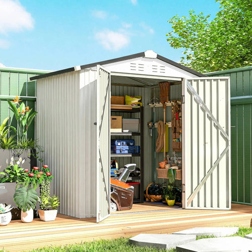 6.5' x 4' Outdoor Storage Shed, Metal Garden Shed, Silver-White