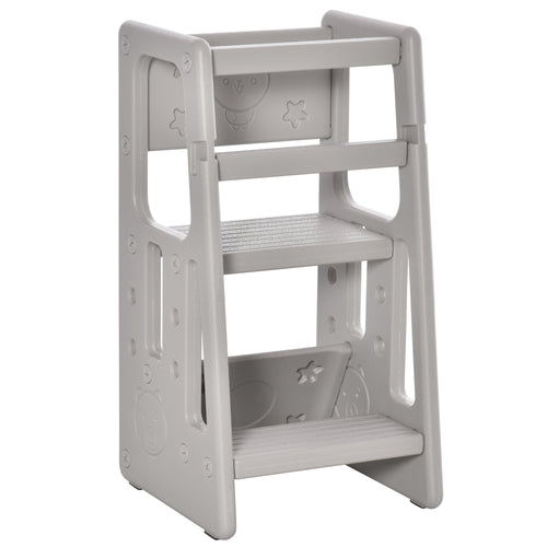 Toddler Kitchen Helper 2 Step Stool with Adjustable Height Platform and Safety Rail, Grey