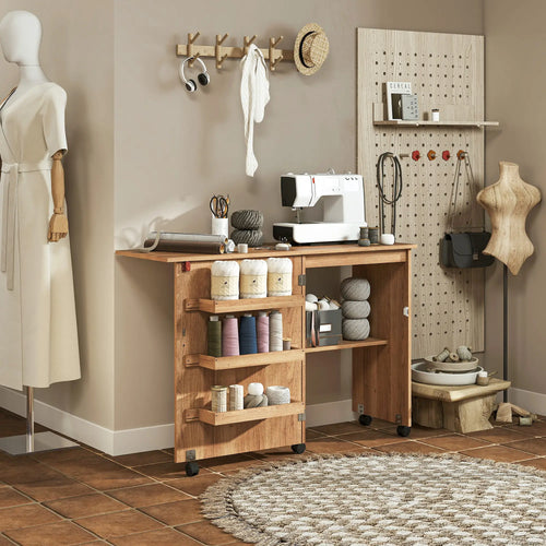 Sewing Machine Cabinet, Folding Table with Storage, Brown