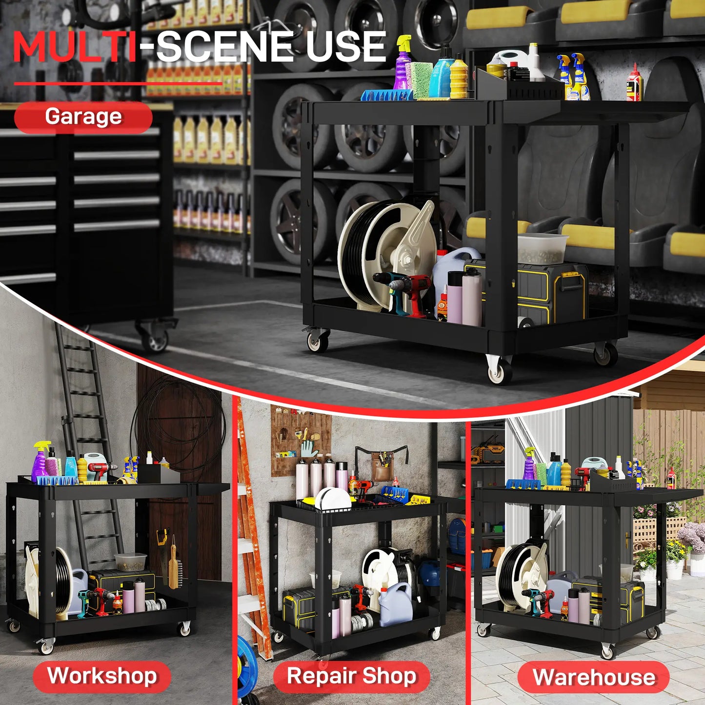 2-Tier Rolling Tool Cart, 500 LBS Capacity Plastic Utility Cart, Black Tool Organizers at Gallery Canada