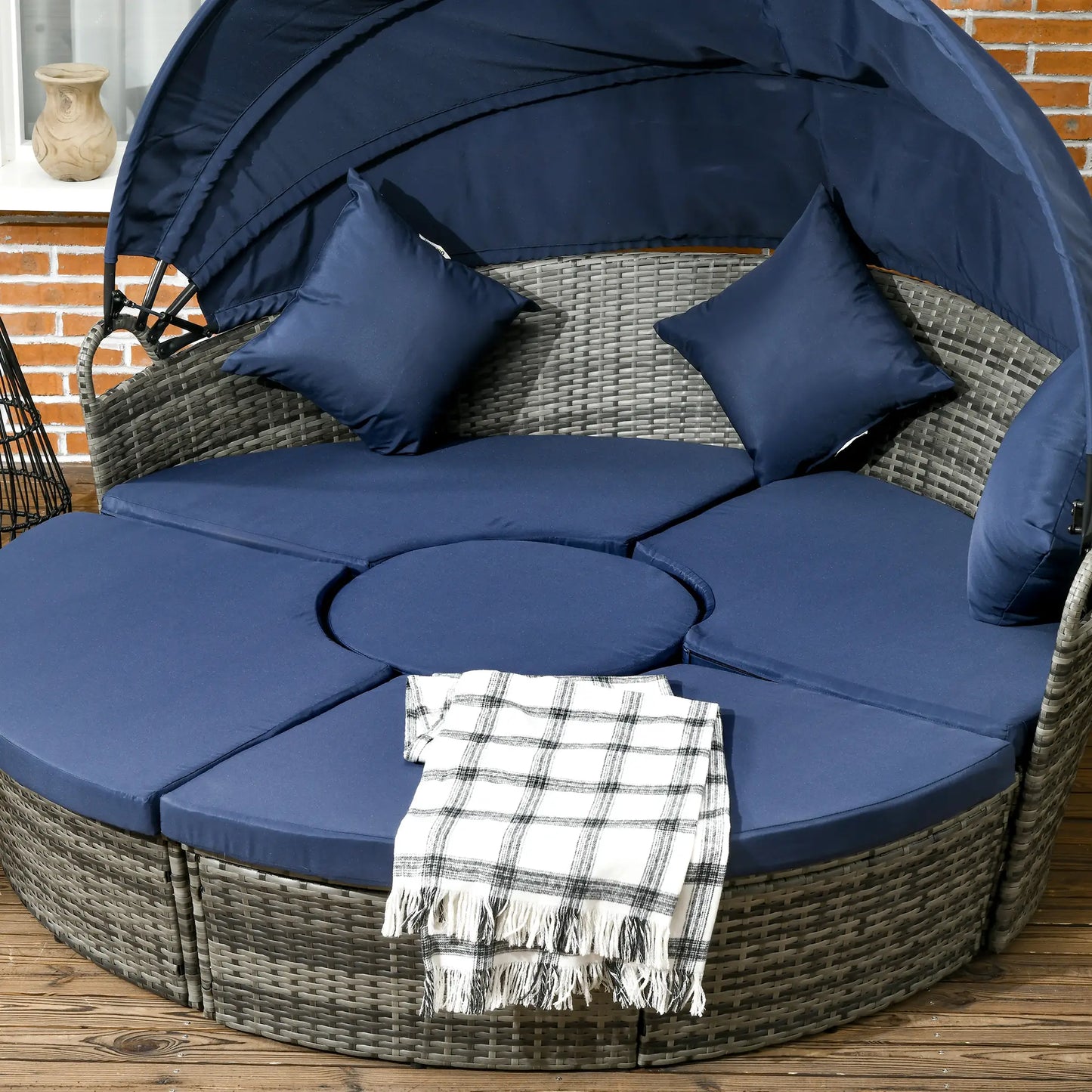 Outdoor Daybed with Retractable Canopy, PE Rattan Wicker Round Sofa, Dark Blue Daybeds at Gallery Canada