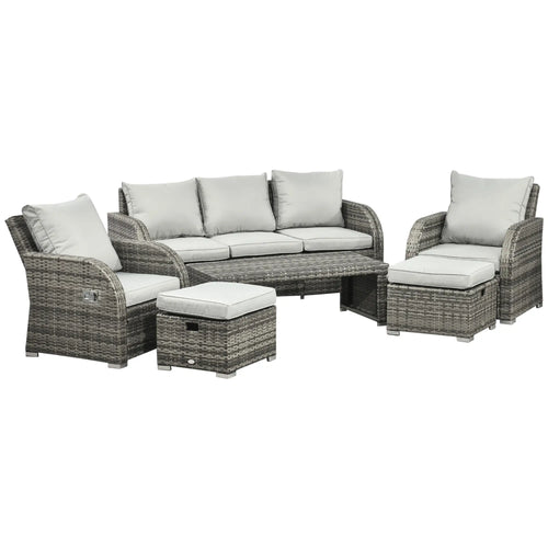 6-Piece Patio Furniture Set, Wicker Sectional Sofa, 3-Seat, 2 Recliners, 2 Footstools, Table, Light Grey