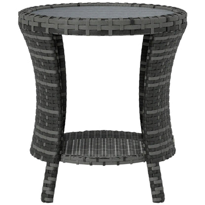 18" Wicker Outdoor Coffee Table, 2-Tier Storage, Composite Wood Top, Grey Patio Side Tables Grey at Gallery Canada