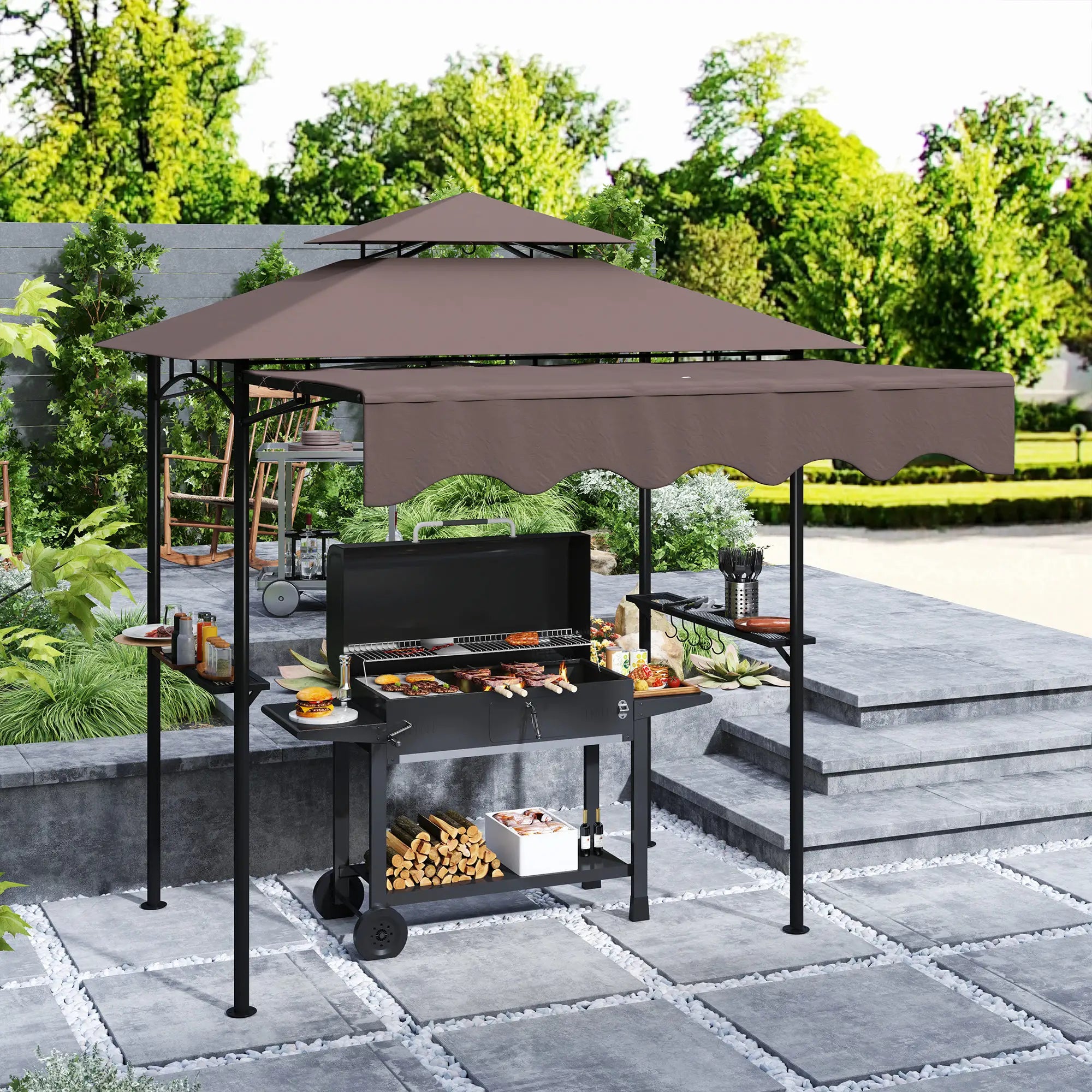 8' x 5' Grill Gazebo, Double Tiered Barbecue Shelter With Side Awning, Brown BBQ Grill Gazebos at Gallery Canada