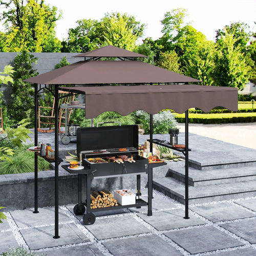 8' x 5' Grill Gazebo, Double Tiered Barbecue Shelter With Side Awning, Brown