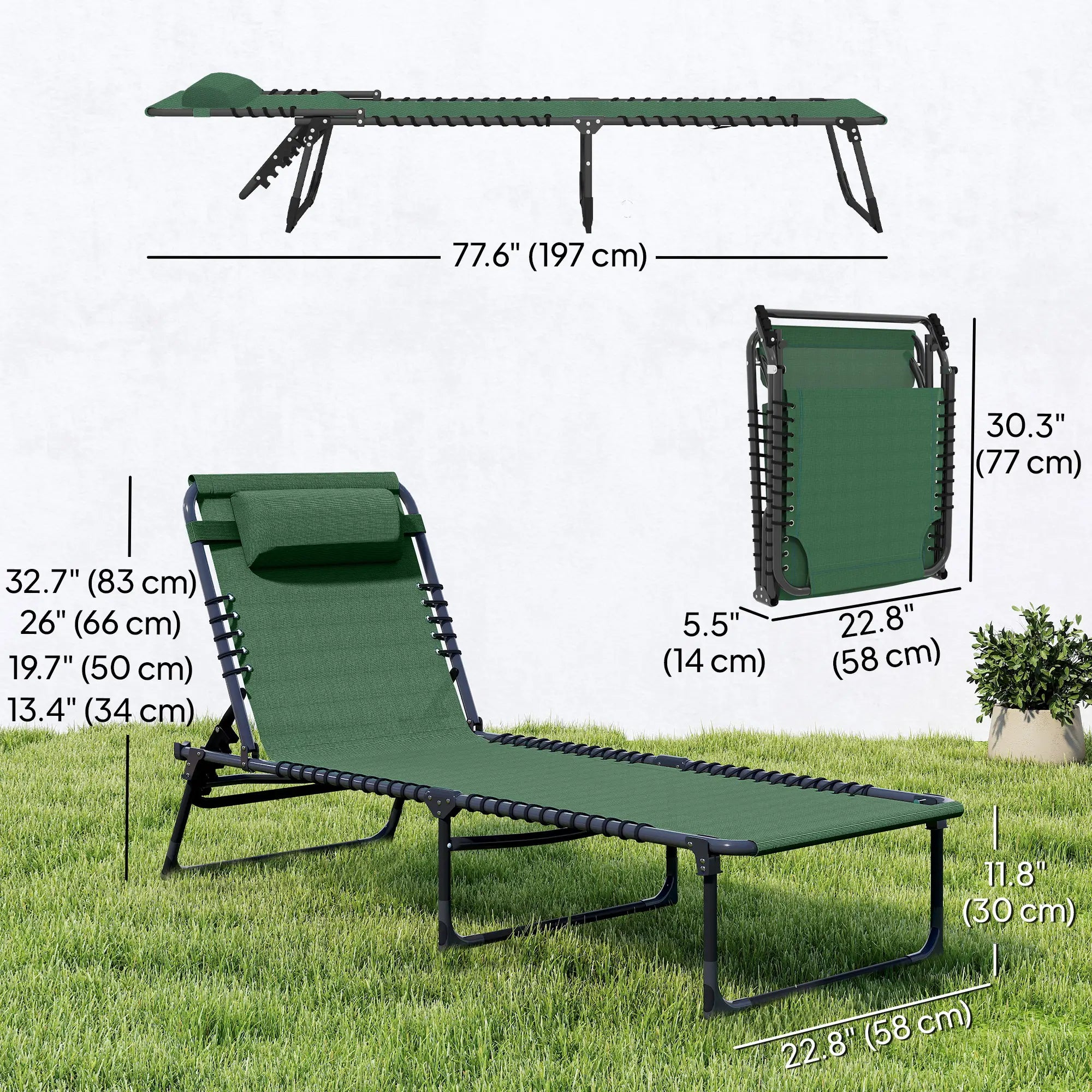 Folding Lounge Chair, Adjustable Chaise With Headrest, Reclining Cot, Green Lounger Chairs at Gallery Canada