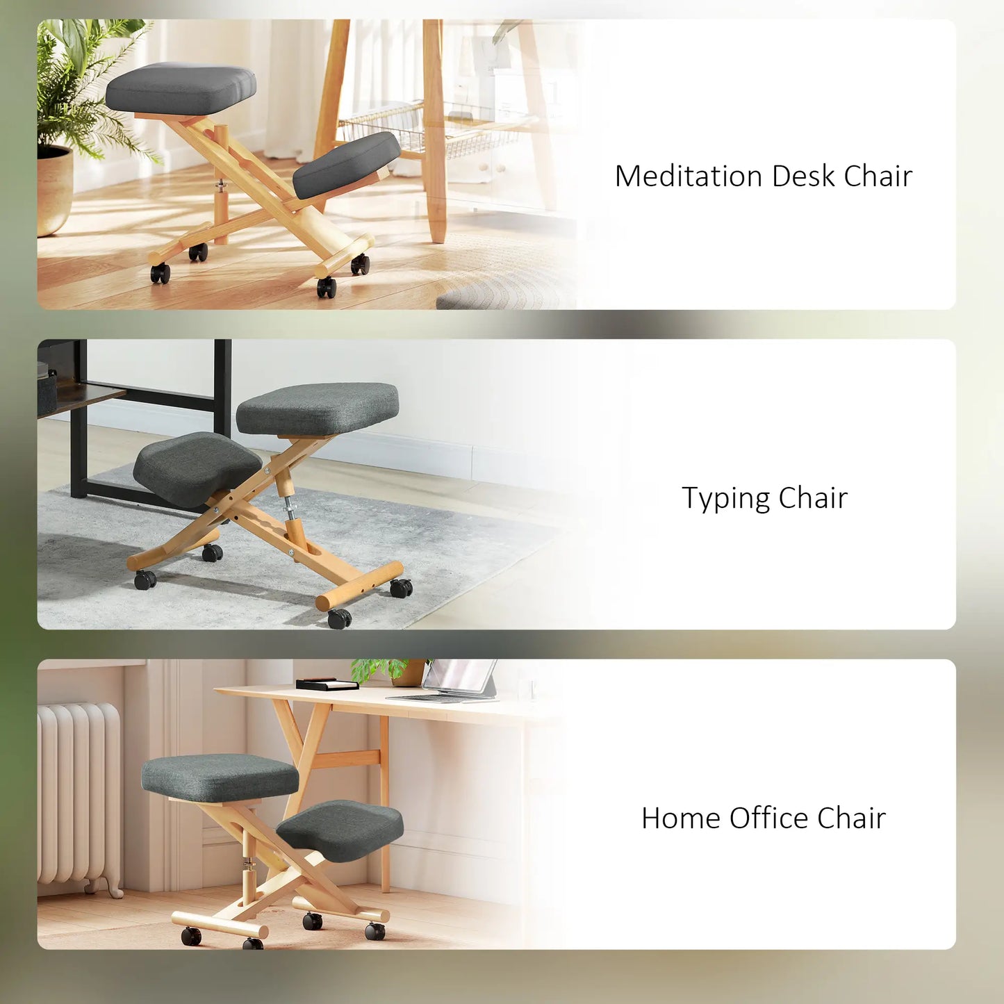 Ergonomic Kneeling Chair, Rubberwood Frame, Wheels, Dark Grey