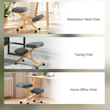 Ergonomic Kneeling Chair, Rubberwood Frame, Wheels, Dark Grey