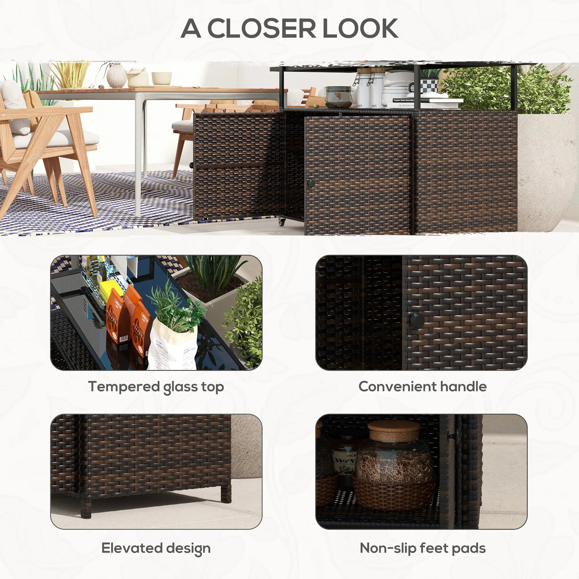 2-Tier PE Rattan Bar Cart, Glass Top Outdoor Kitchen Island, Mixed Brown, Brown Kitchen Islands & Kitchen Carts at Gallery Canada