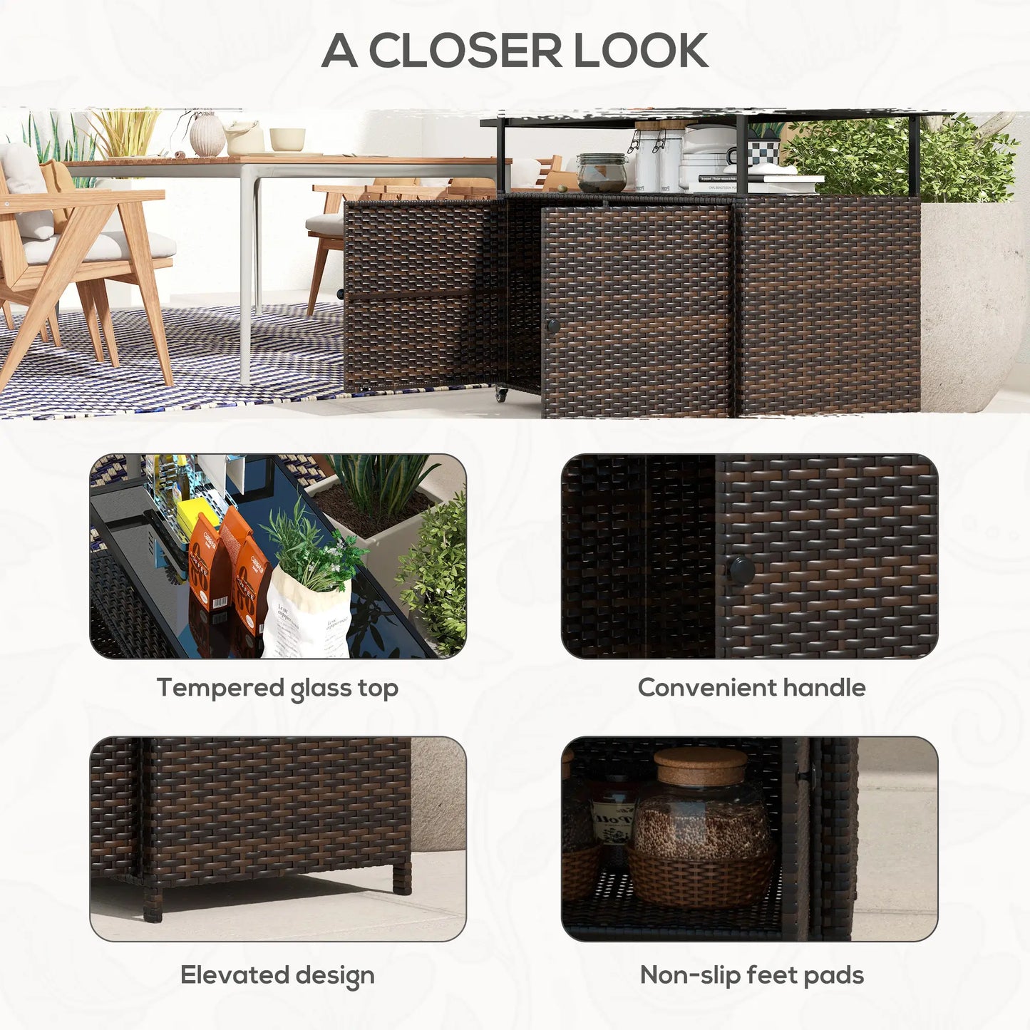 2-Tier PE Rattan Bar Cart, Glass Top Outdoor Kitchen Island, Mixed Brown, Brown Kitchen Islands & Kitchen Carts at Gallery Canada