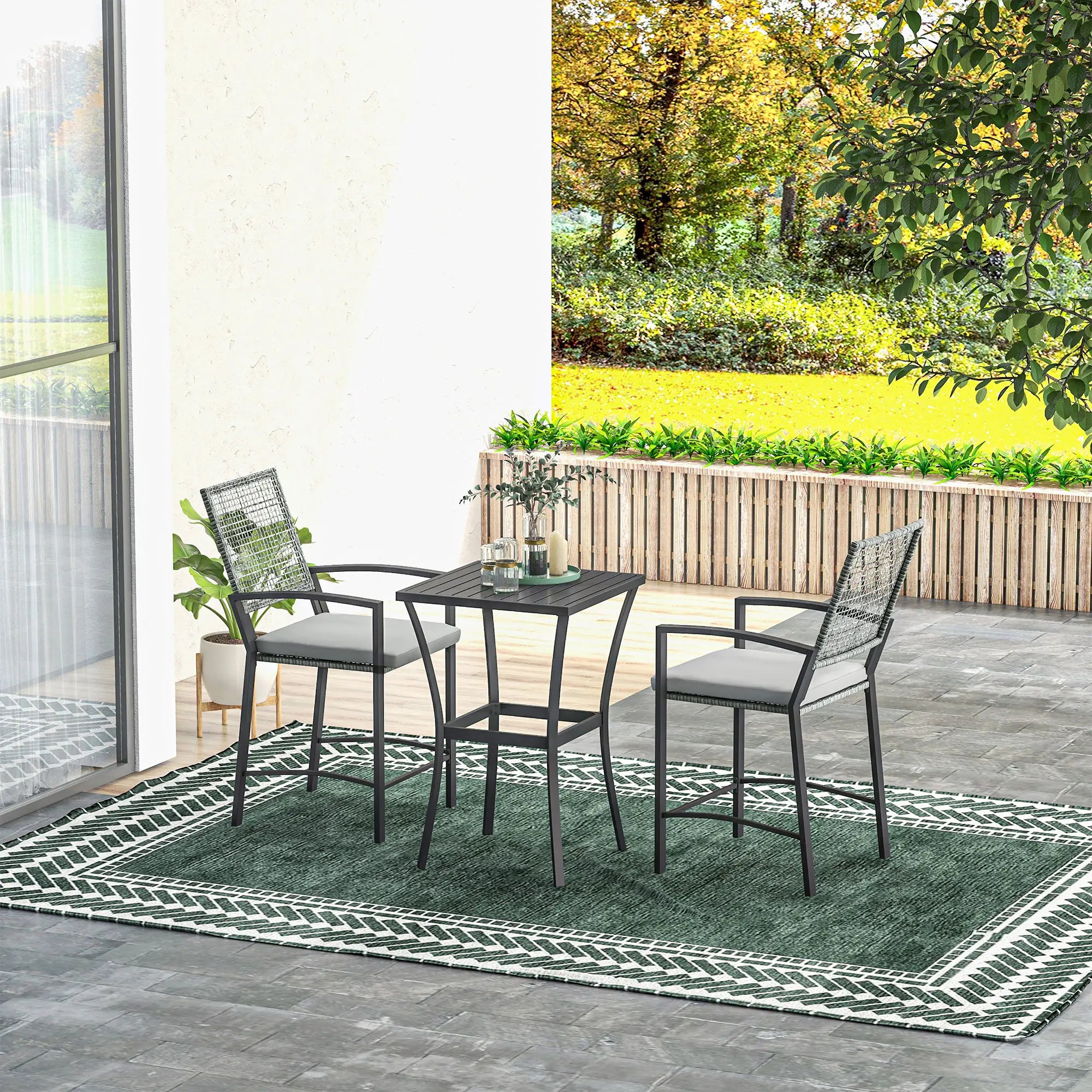 3pc Rattan Patio Bar Table, Chairs with Cushions, Bar Furniture Bistro Sets at Gallery Canada