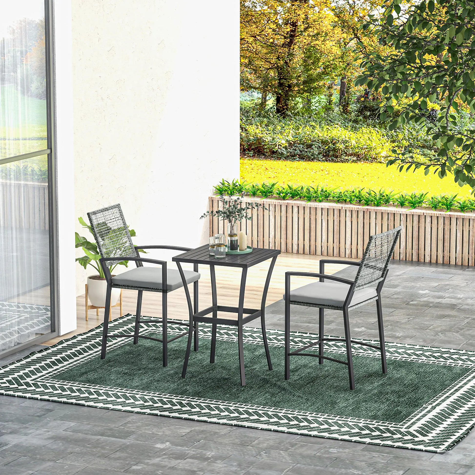 3pc Rattan Patio Bar Table, Chairs with Cushions, Bar Furniture Bistro Sets at Gallery Canada