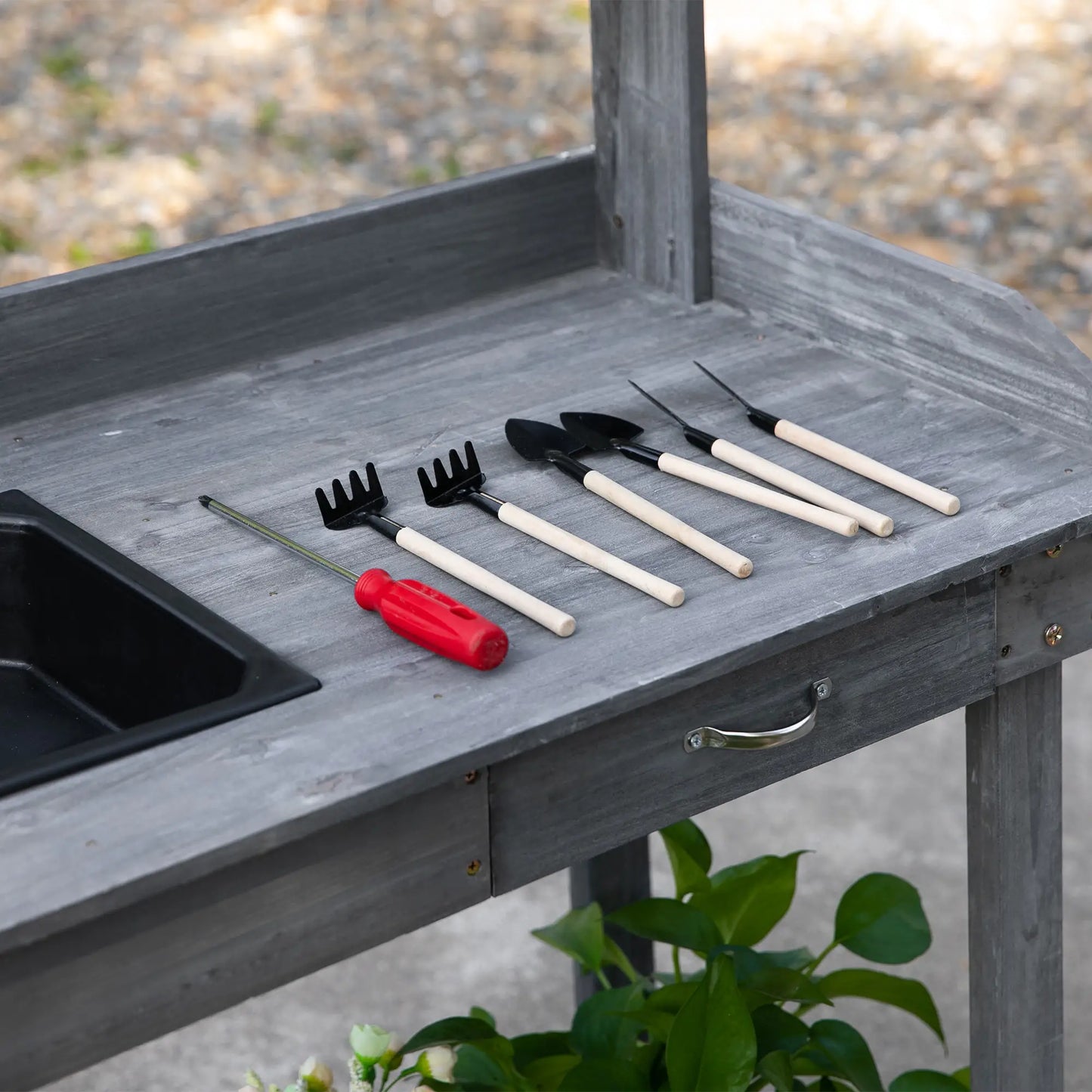 36" Wooden Potting Bench, Work Table, 2 Wheels, Sink, Drawer, Gray Potting Benches & Tables at Gallery Canada