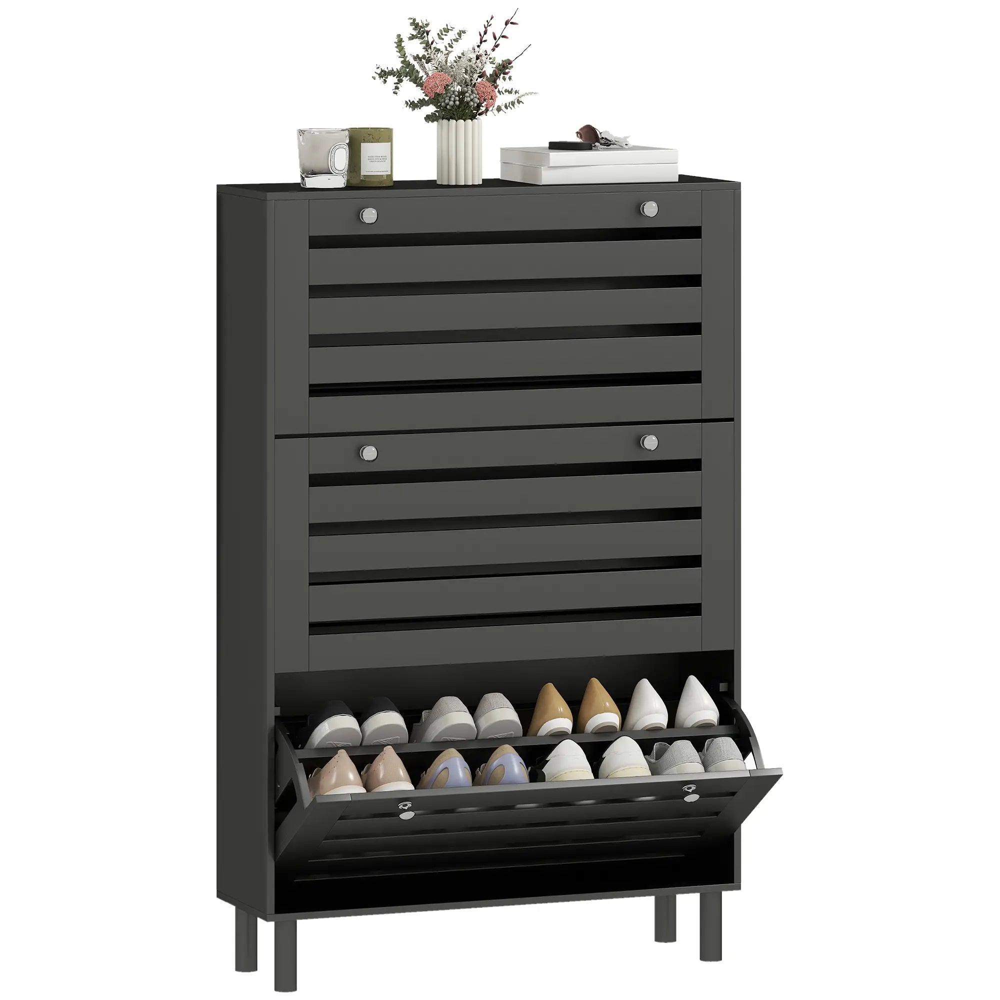 Narrow Shoe Storage Cabinet, 3 Flip Drawers, Adjustable Shelves, 24 Pairs, Black Shoe Storage Cabinets & Racks at Gallery Canada