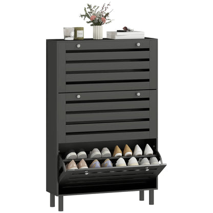 Narrow Shoe Storage Cabinet, 3 Flip Drawers, Adjustable Shelves, 24 Pairs, Black Shoe Storage Cabinets & Racks at Gallery Canada
