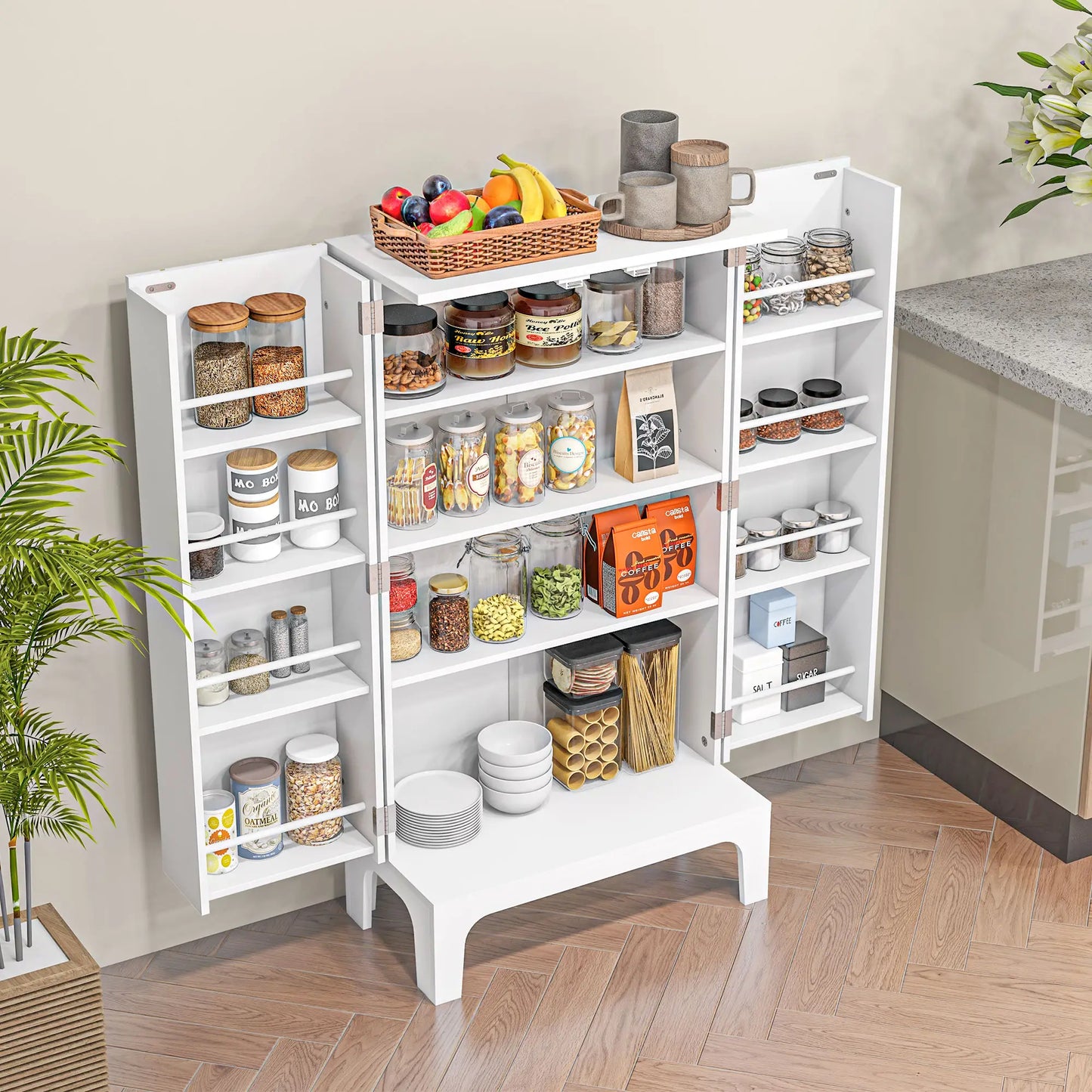 44" Storage Cabinet, 2-Door Kitchen Pantry, 4-Tier Shelving, 8 Spice Racks