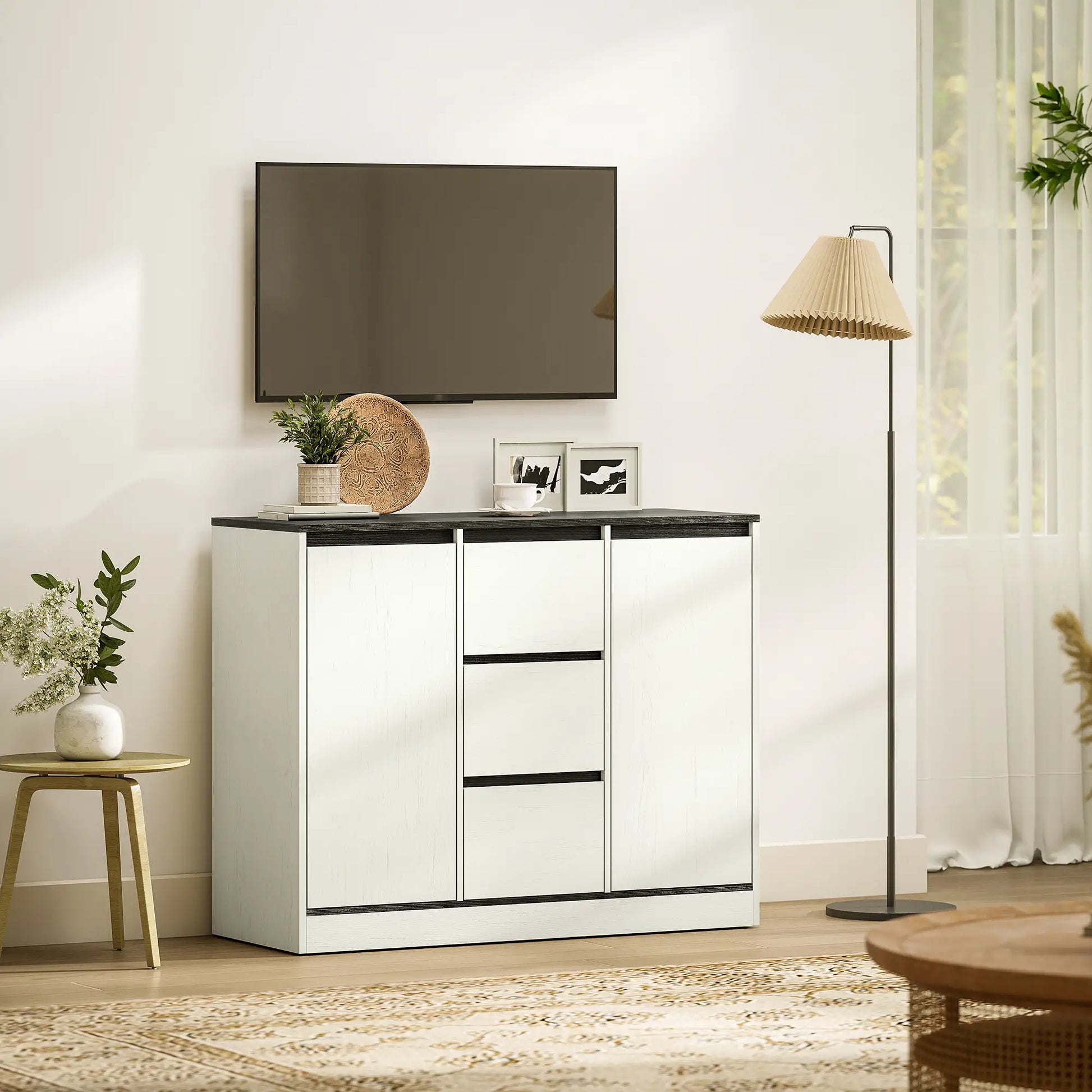 Buffet Cabinet, Soft Close Hinges, 3 Drawers, 2 Shelves, White Wood Grain Storage Cabinets at Gallery Canada