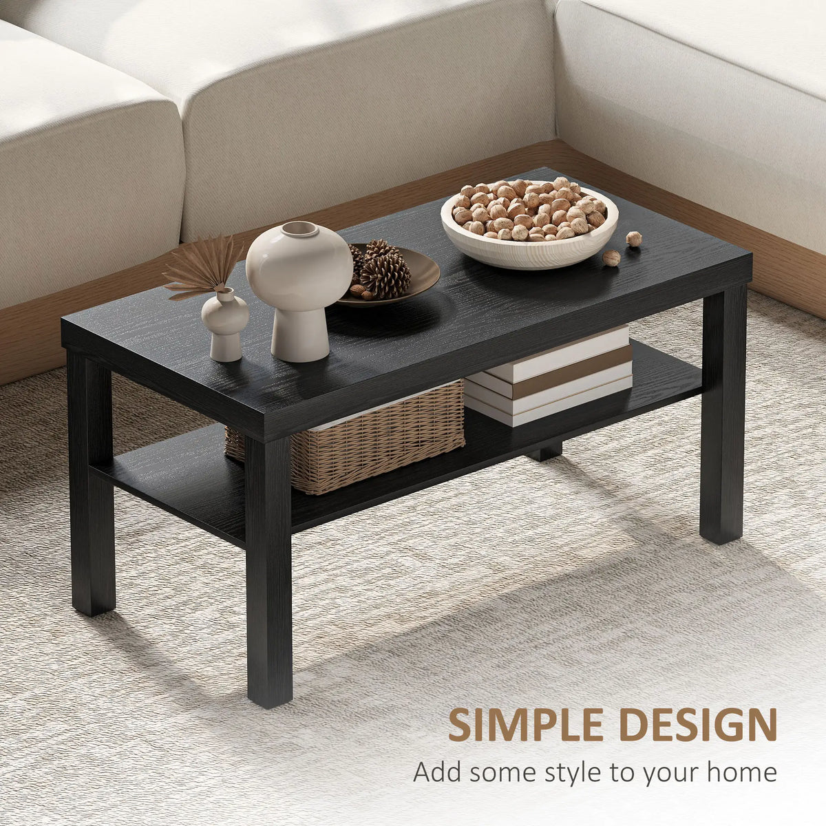 2 Tier Coffee Table, Rectangular Center Table with Storage Shelf, Black Coffee Tables at Gallery Canada
