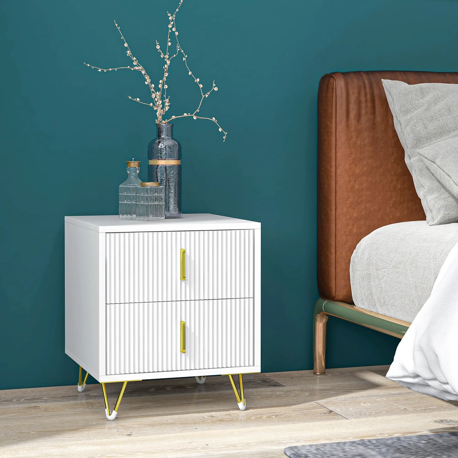 Modern Nightstand, 2 Drawers, Metal Legs, Bedroom Living Room, White Bedside Tables at Gallery Canada