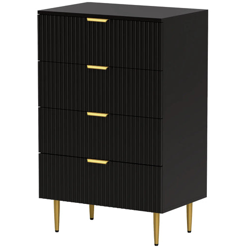 Modern 4 Drawer Dresser, Black with Gold Legs, Bedroom Chest, Black, Gold