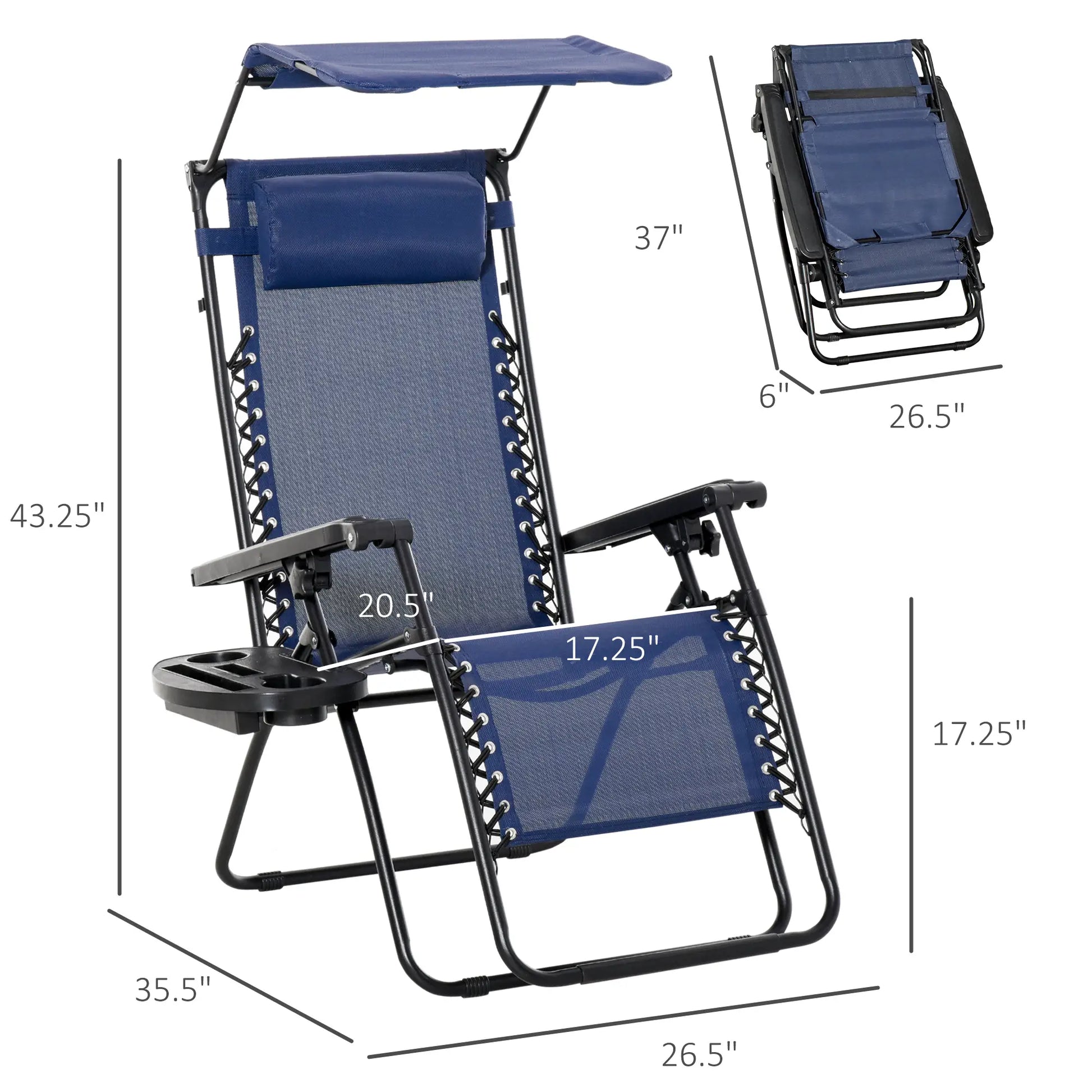Foldable Lounge Chair with Canopy, Outdoor Zero Gravity Chair, Side Tray, Cup Holder, Blue Outdoor Chaise Lounges at Gallery Canada