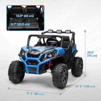 2 Seater 24V Electric Car for Kids, Remote Control, 3 Speed, LED Lights, Music, Horn, Spring Suspension, Blue