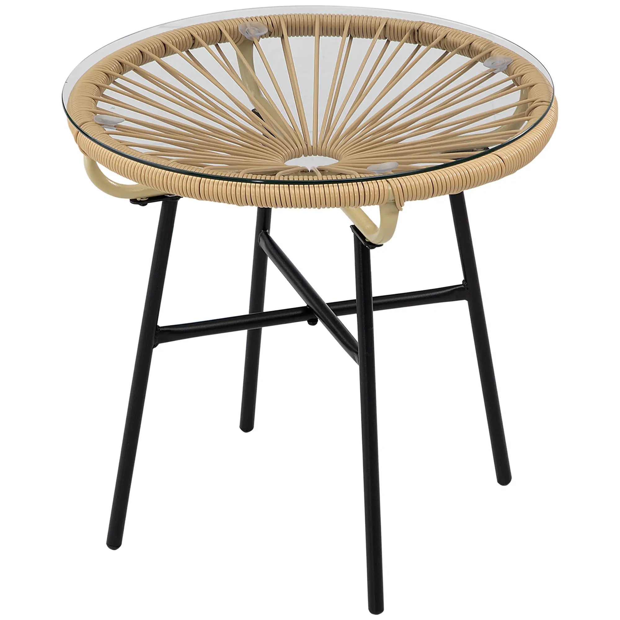 Round Rattan Side Table With Tempered Glass Top, Beige Patio Side Tables Black Frame, Beige PE Rattan at Gallery Canada