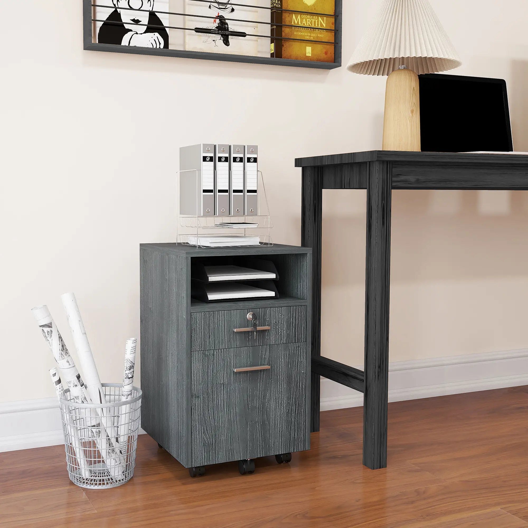 Small 2-Drawer Filing Cabinet, Lockable, On Wheels, Grey Office Cabinets & Cupboards at Gallery Canada