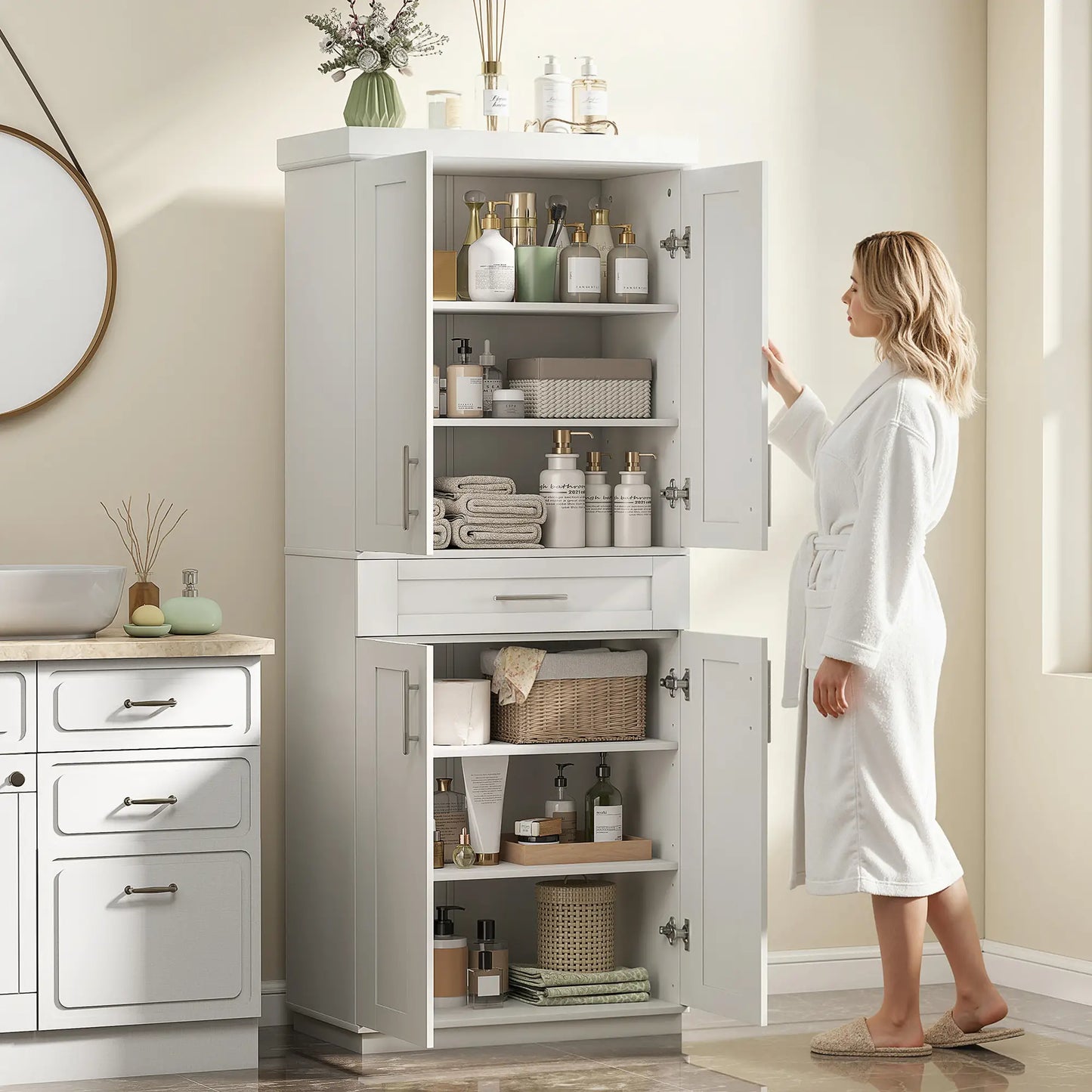 72" Storage Cabinet, Freestanding Kitchen Pantry Cabinet with 4 Doors, Drawer and 3 Adjustable Shelves, White Kitchen Pantry Cabinets at Gallery Canada