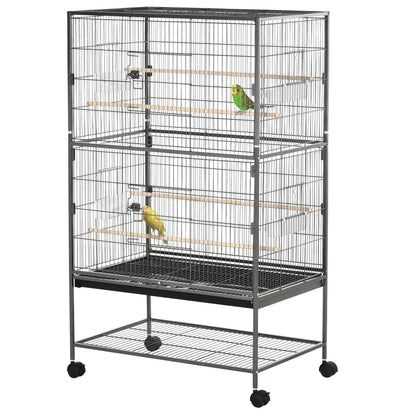52'' Large Rolling Bird Cage, Storage Shelf, Wood Perch, Dark Grey Bird Cages at Gallery Canada