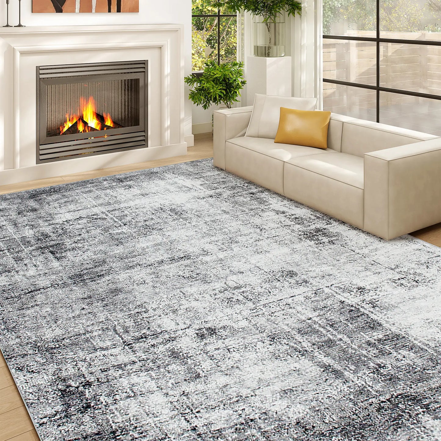 Modern Abstract Area Rug 5x7, Machine Washable, Non-Slip, Grey Living Room Furniture at Gallery Canada