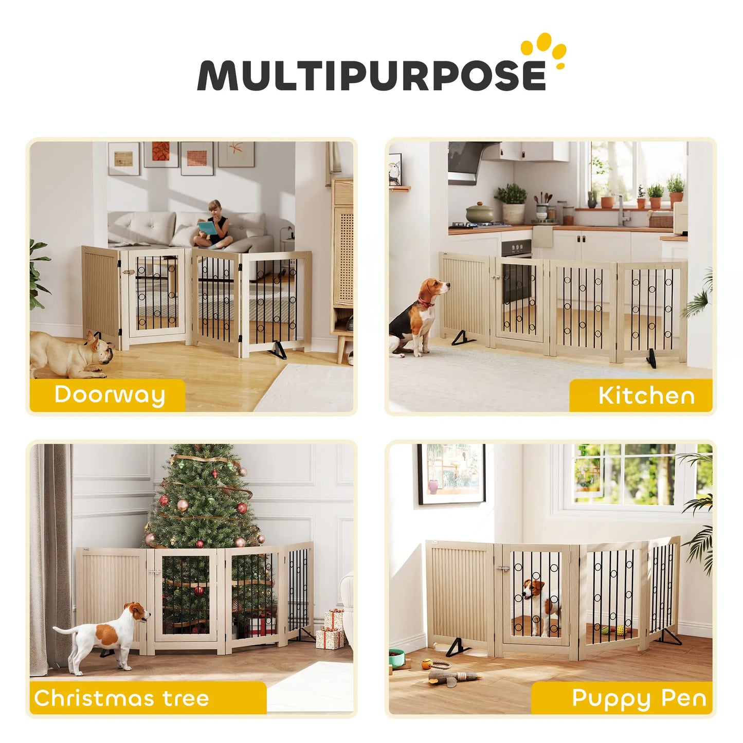 Wooden Foldable Dog Gate, 4 Panels, Walk-Through Door
