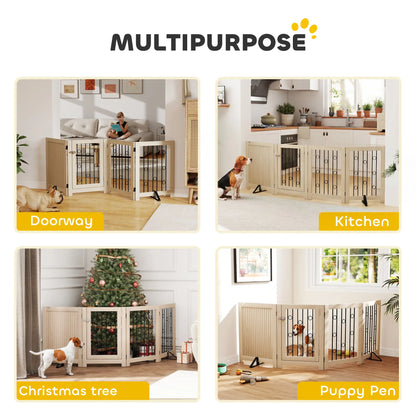 Wooden Foldable Dog Gate, 4 Panels, Walk-Through Door