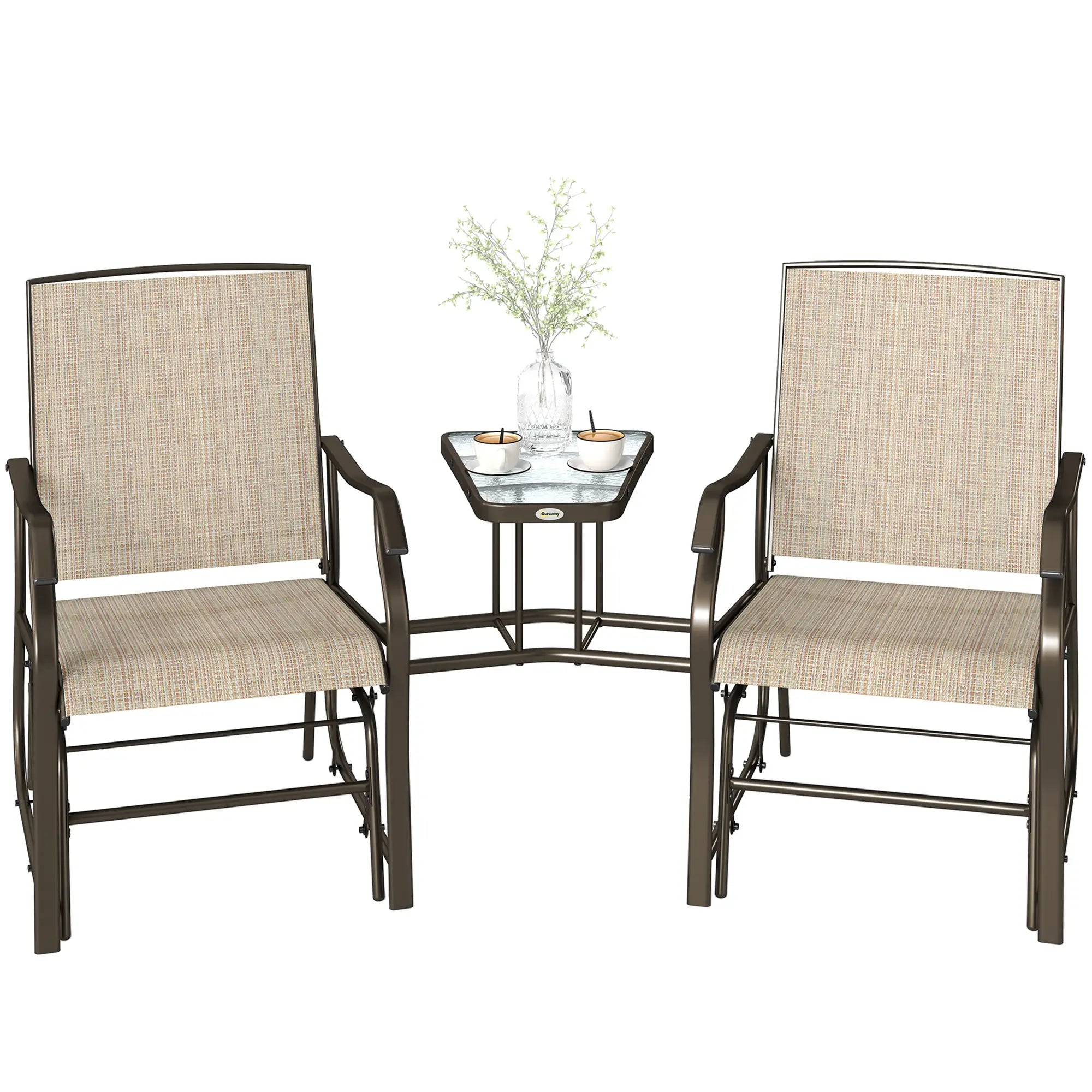 Double Patio Glider Chair, Glass Top Table, All Weather Mesh, Light Brown Outdoor Gliders Brown, Light Brown at Gallery Canada