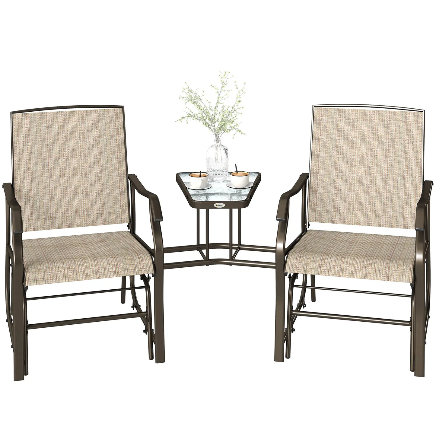 Double Patio Glider Chair, Glass Top Table, All Weather Mesh, Light Brown Outdoor Gliders Brown, Light Brown at Gallery Canada