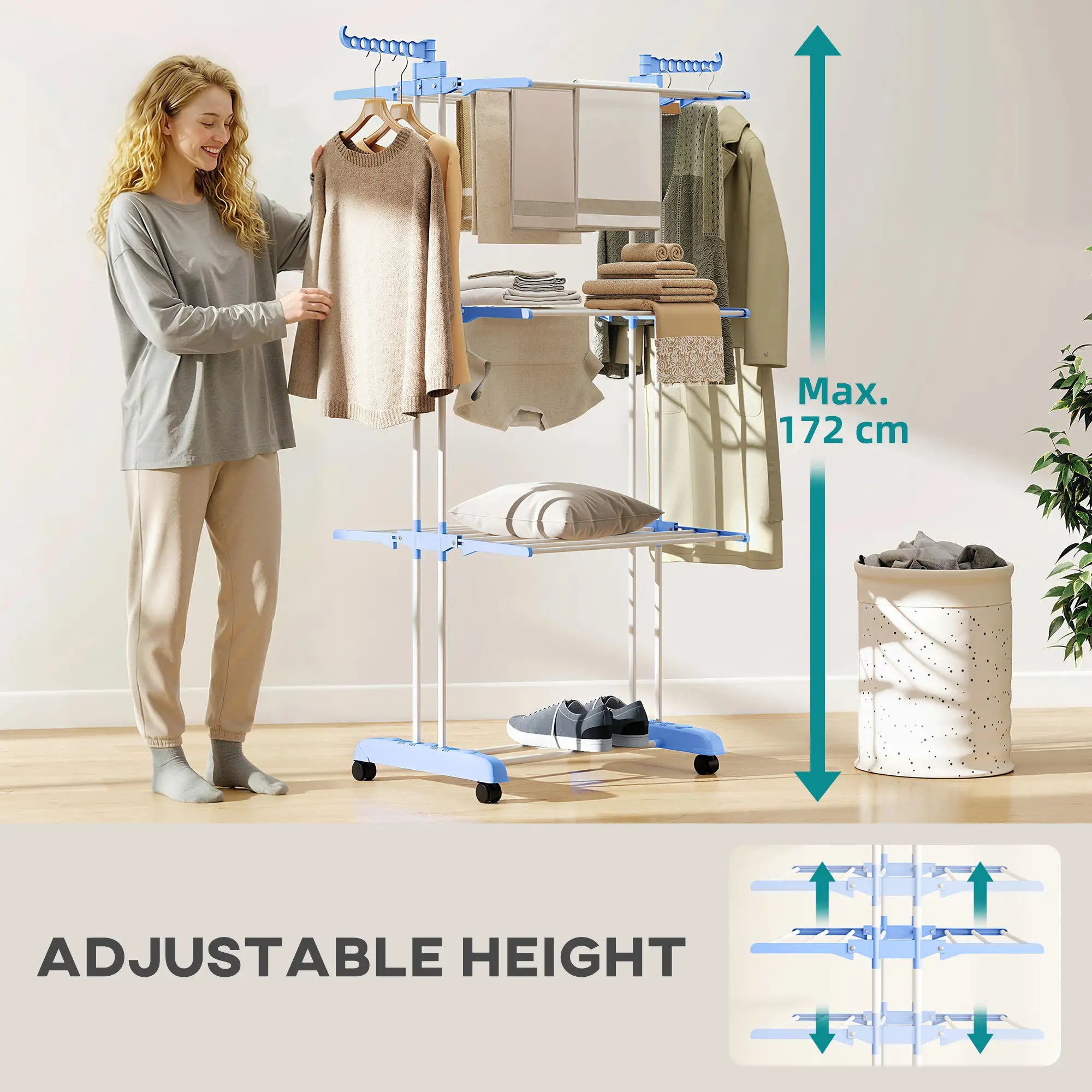 Foldable 4-Tier Steel Clothes Drying Rack, 2 Side Wings, 4 Castors, Indoor Outdoor, Blue Bath Accessories at Gallery Canada
