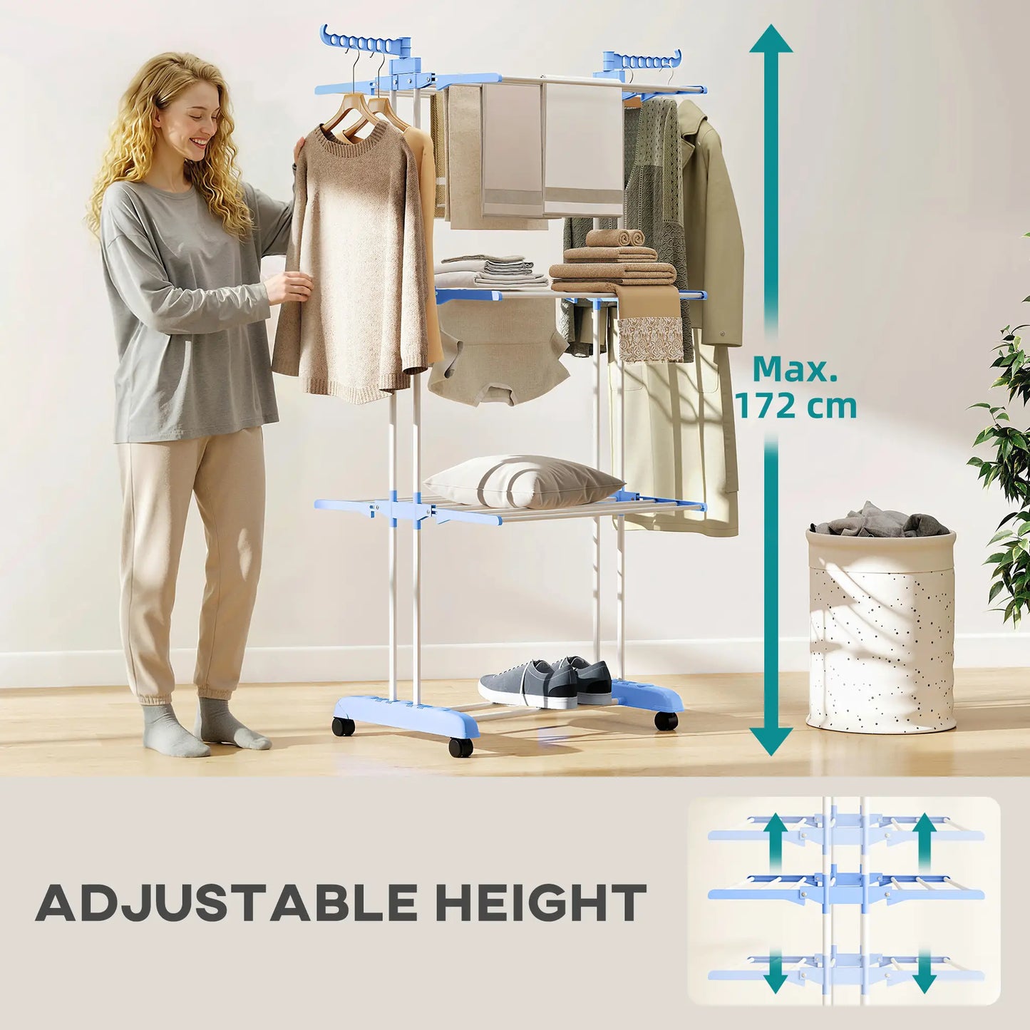 Foldable 4-Tier Steel Clothes Drying Rack, 2 Side Wings, 4 Castors, Indoor Outdoor, Blue Bath Accessories at Gallery Canada