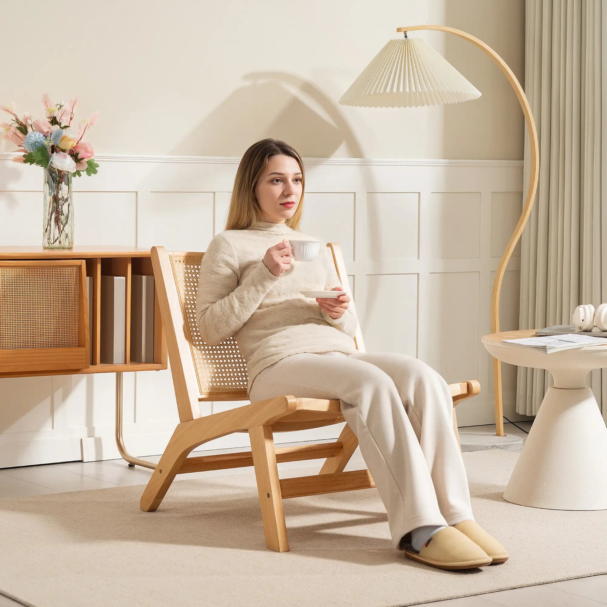 Rattan Accent Chair, Mid-Century Leisure, Rubber Wood Frame, Natural Accent Chairs at Gallery Canada