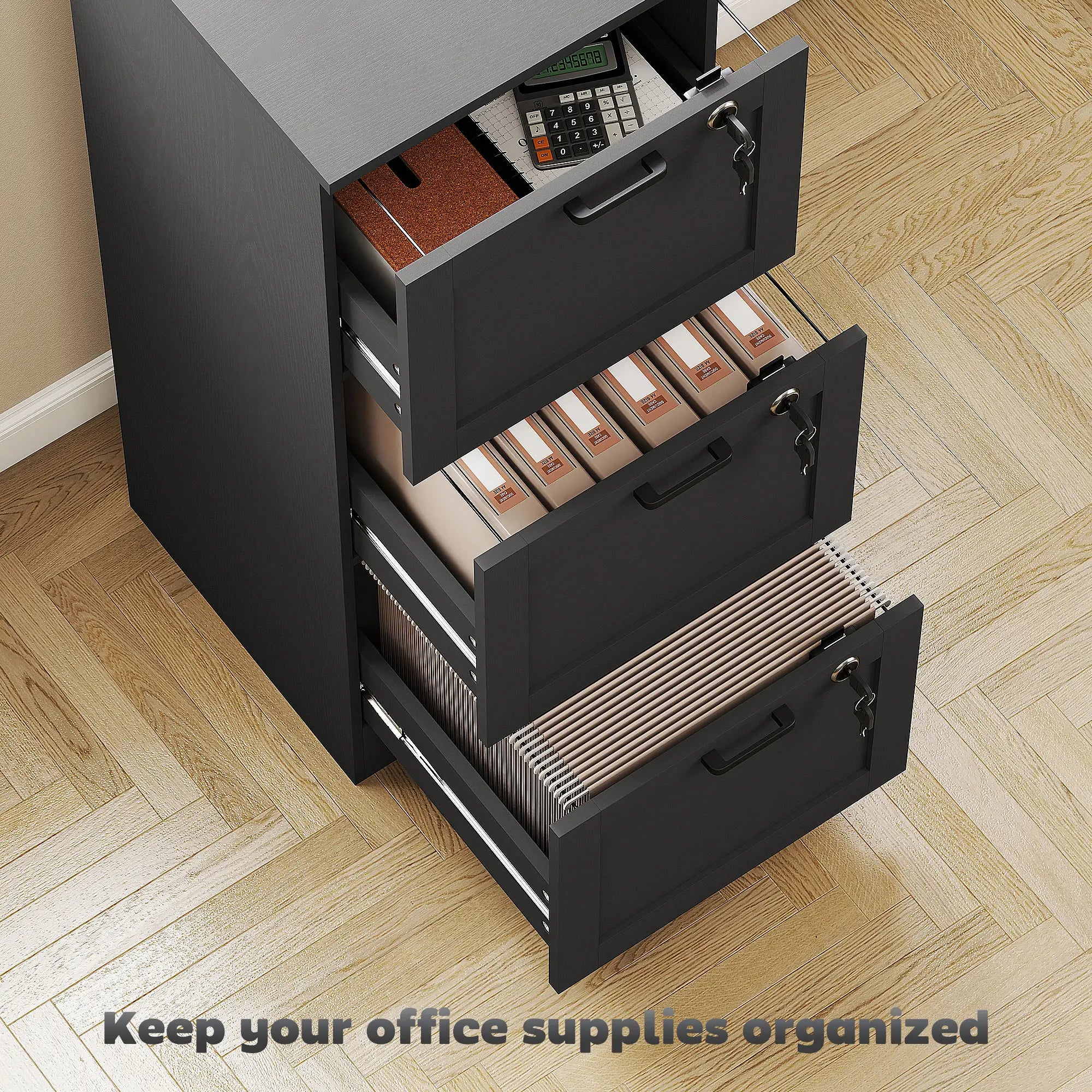 Vertical 3-Drawer Filing Cabinet, Lock, A4 Letter Size, Black Office Cabinets & Cupboards at Gallery Canada
