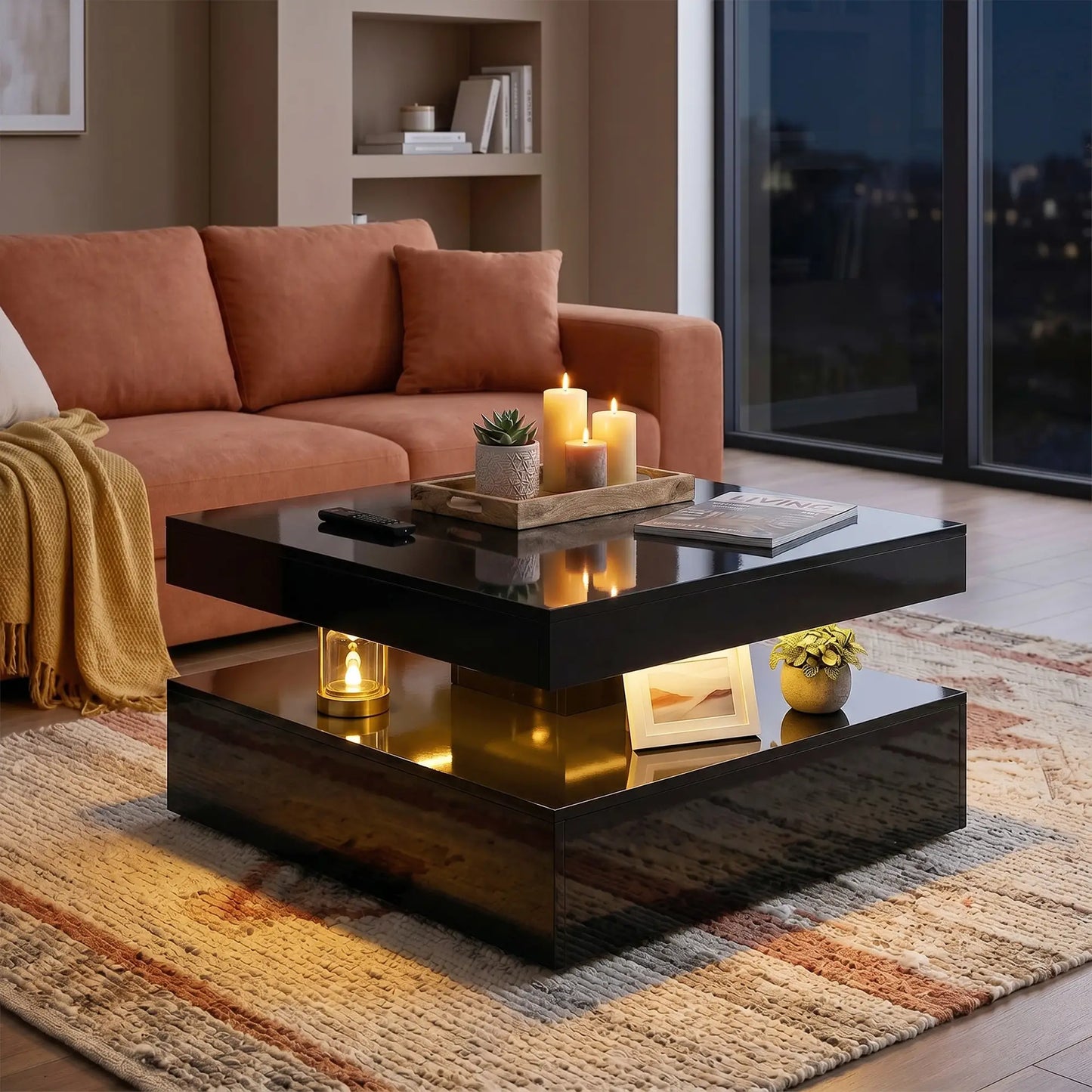 LED Coffee Table with Storage, 2-Tier Modern Center Table with Open Shelf and Remote for Living Room, High Gloss Black