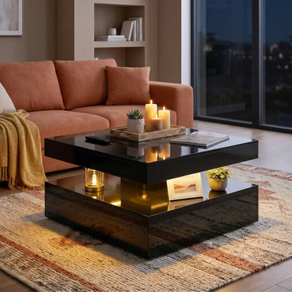 LED Coffee Table with Storage, 2-Tier Modern Center Table with Open Shelf and Remote for Living Room, High Gloss Black