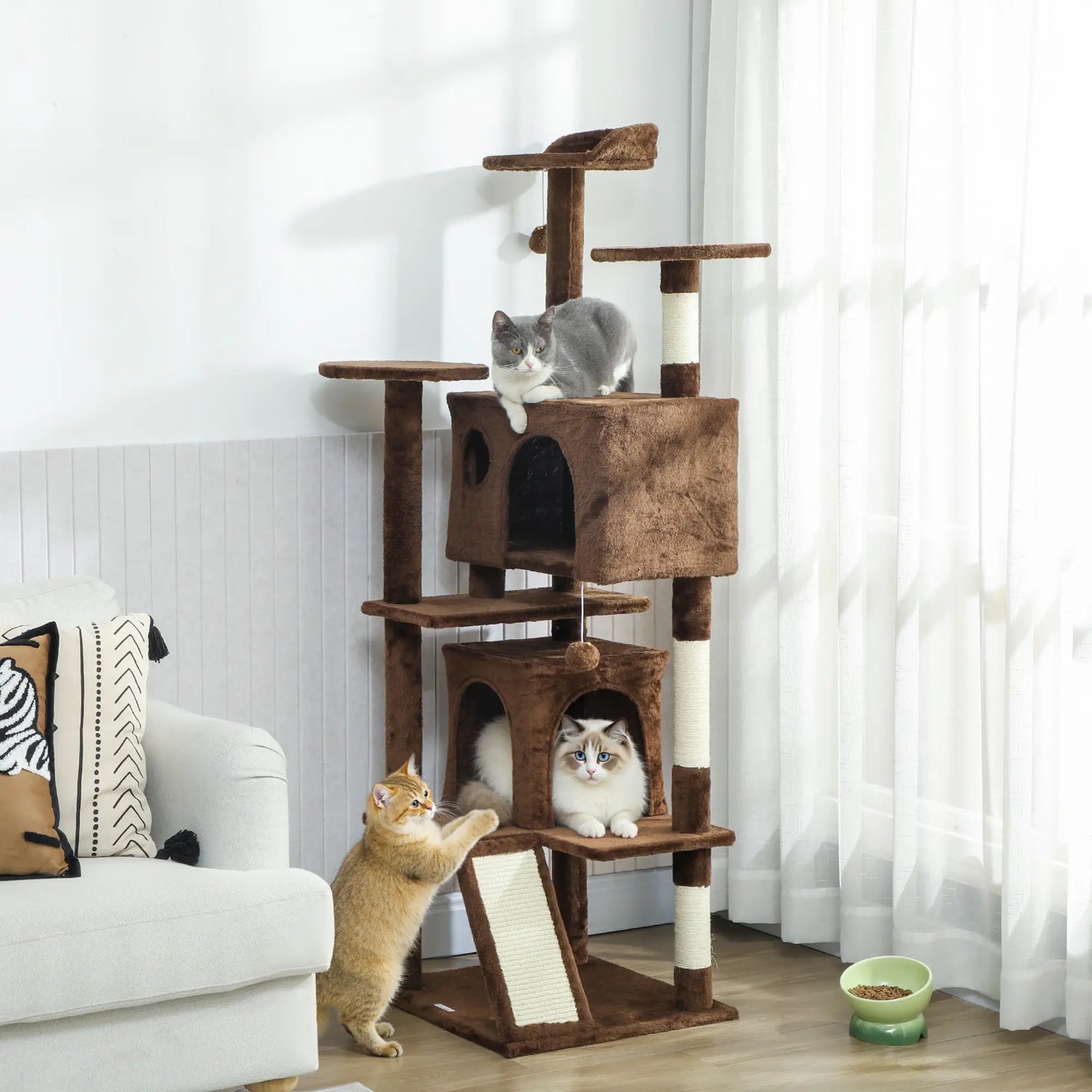 63" Cat Tree, Multi-Level Tower With Scratching Posts, Light Brown