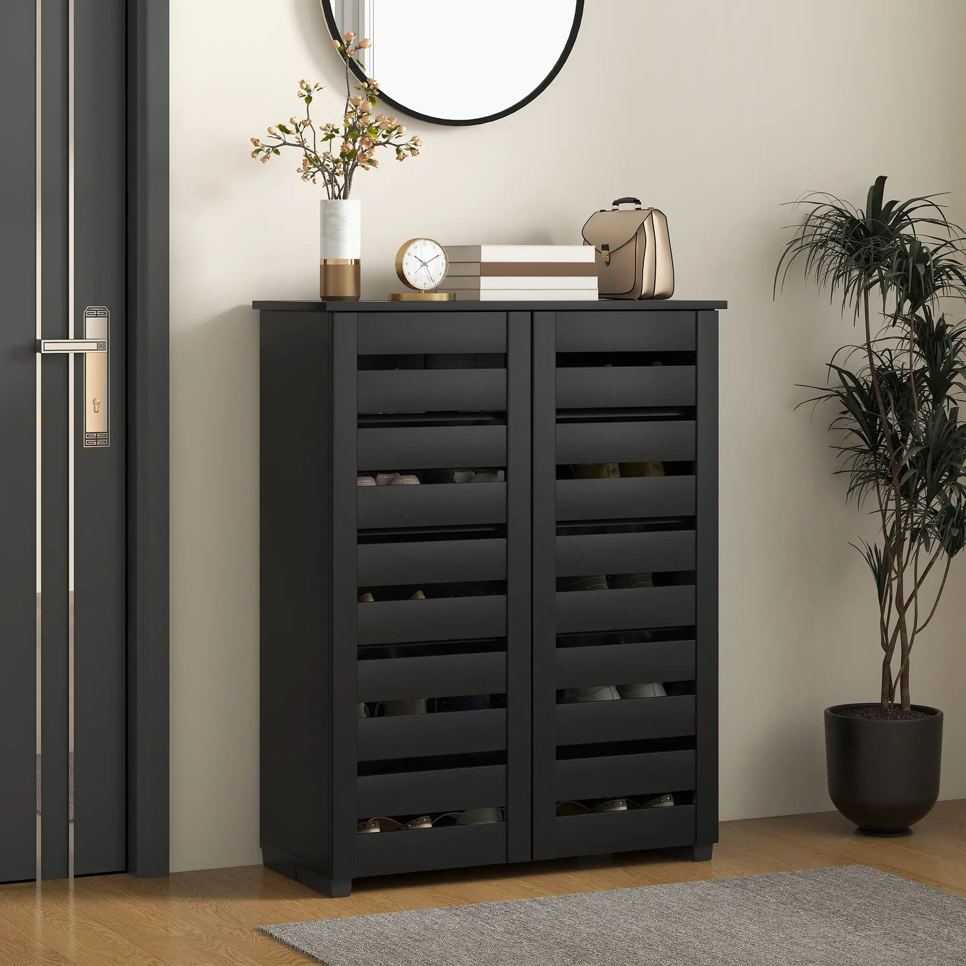 Shoe Storage Cabinet, 2 Slatted Doors, Holds 15 Pairs, Black Shoe Storage Cabinets & Racks at Gallery Canada