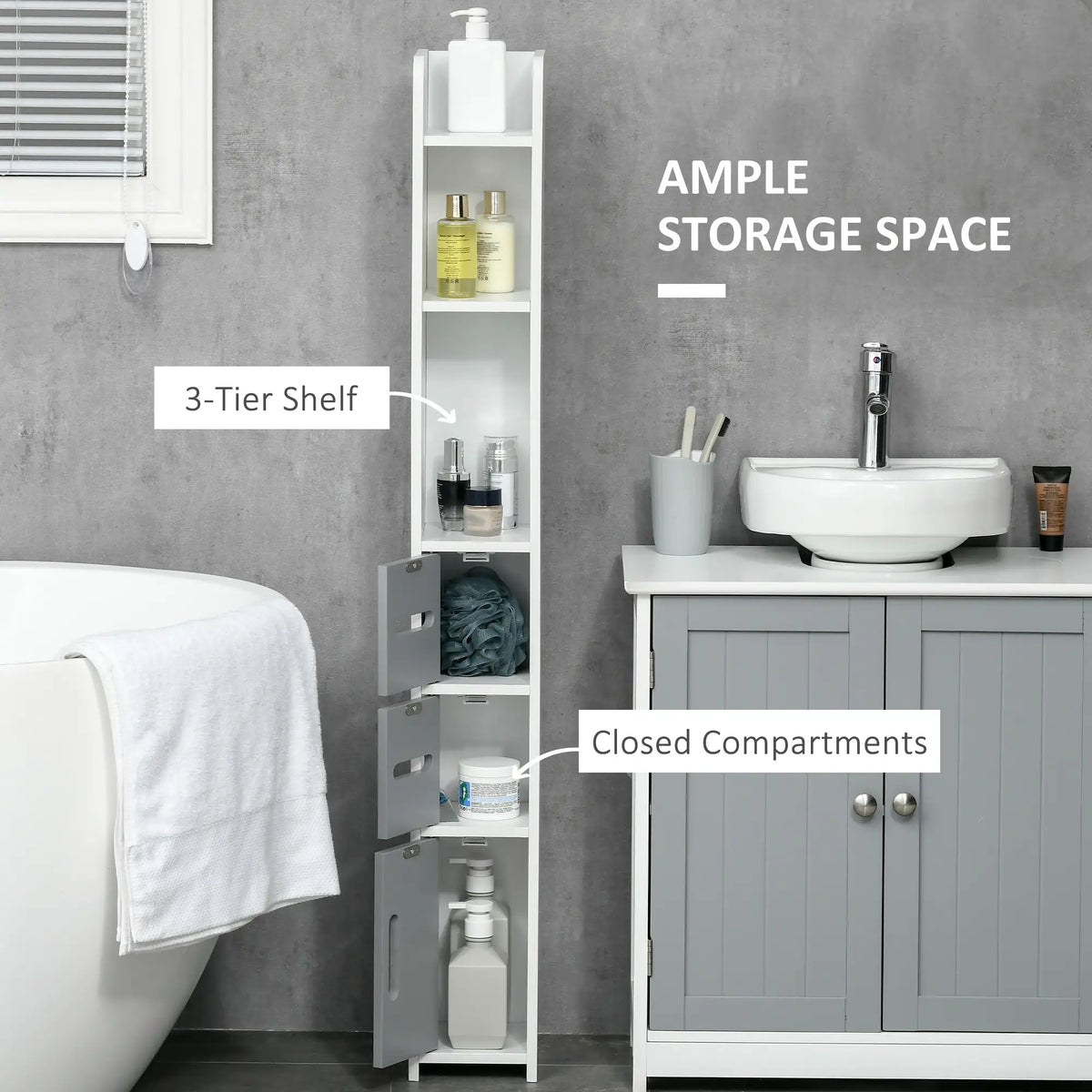 Freestanding Tall Bathroom Cabinet, Narrow Bathroom Storage Cabinet with Shelves and Cupboards, Grey and White Freestanding Bathroom Cabinets at Gallery Canada