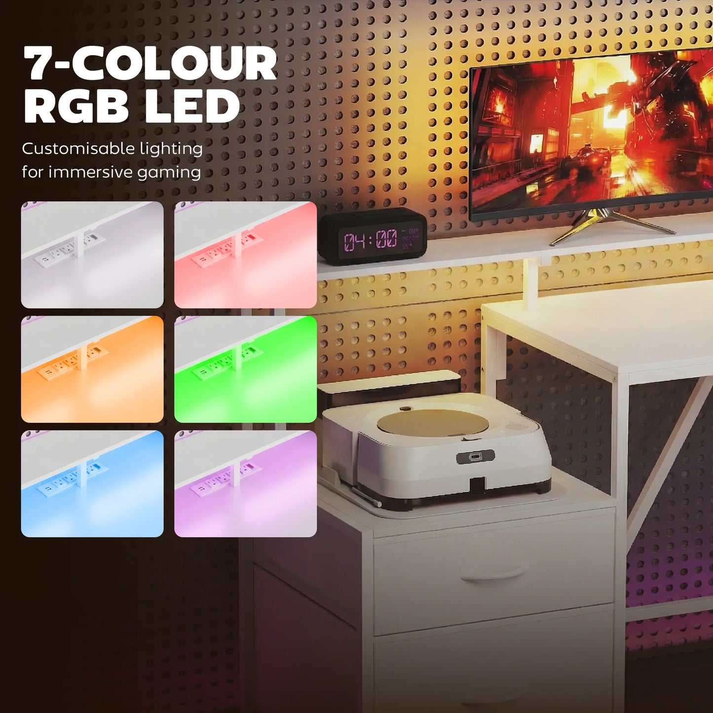 76" Gaming Desk, Reversible Computer Table, RGB Lights, USB Ports, White Gaming Desks at Gallery Canada